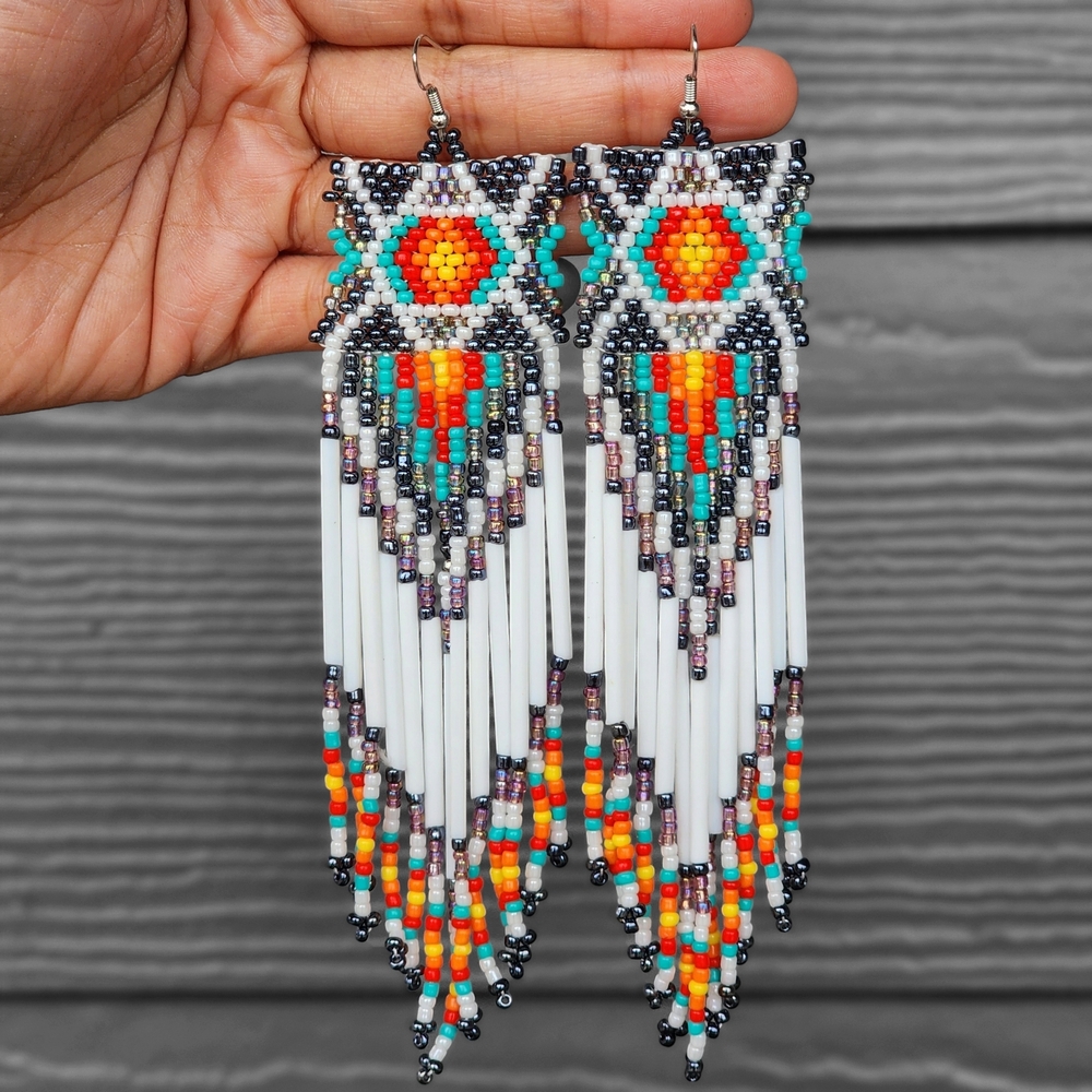 Long XL Boho Fringe Beaded Earrings Handmade Western Jewelry